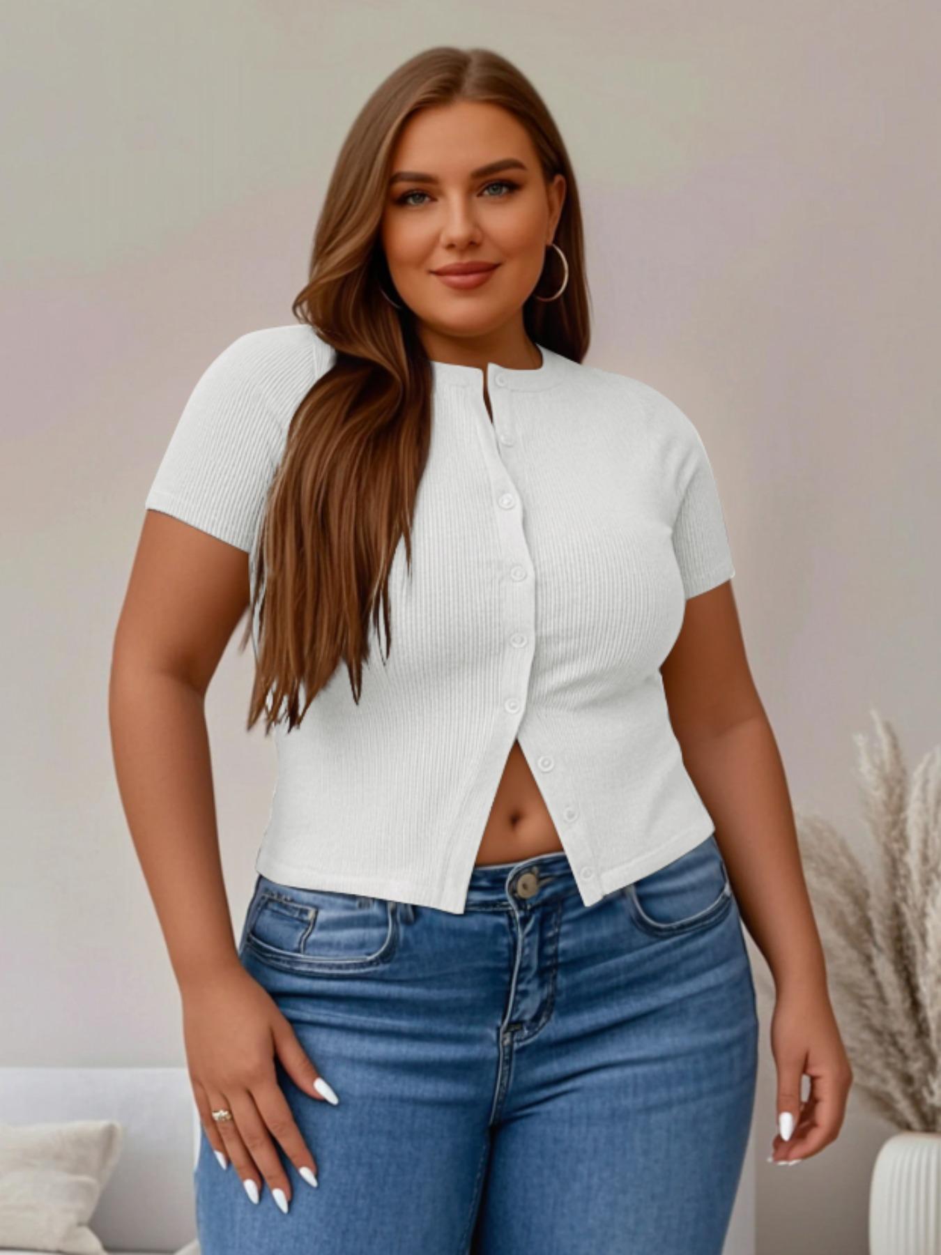 【Plus Size】 Solid Ribbed Short Sleeve Top, Casual Button Front Top for Summer, Women's Plus Clothing for Daily Wear 【Plus Size】 Solid Ribbed Short Sleeve Top, Casual Button Front Top for Summer, Women's Plus Clothing for Daily Wear