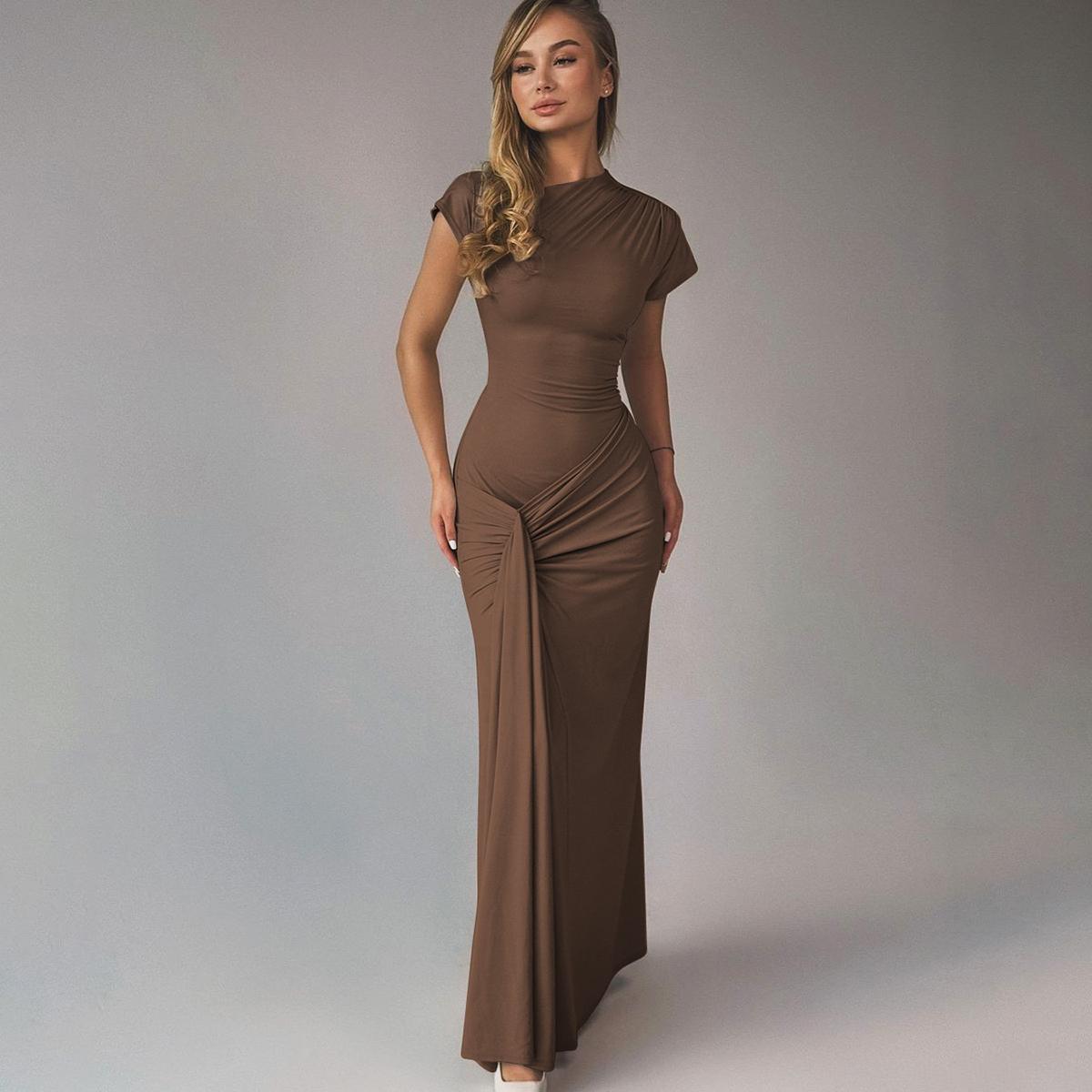 Solid Color Short Sleeve Bodycon Maxi Dress with Ribbon Women's 2025 Summer Fall New Casual Elegant Party Club Ruched Back Lace Up Bandage Patchwork Long Dresses Clothing Vacation Outfits