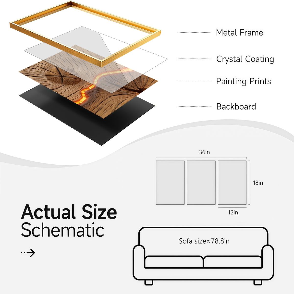 3 Counts Aluminum Alloy Framed Painting, Burning Wood Texture And Flowing Lava Art Pictures, Home Decoration For Living Room, Bedroom, Office, Restaurant, Hallway Wall Decor, Odorless Print Artwork, Luxury Perfect Gift For Friends And Family