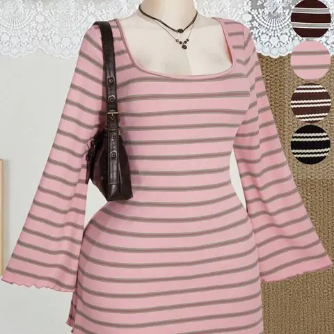 Plus Size 1-Piece Women's Striped Square Neck Bell Sleeve Ribbed Bodycon Mini Dress, Y2K Coquette Vintage Grunge Streetwear, Stretchy Rib Knit with Wavy Scalloped Hem, for Curvy and Petite Women, Perfect for Campus Wear and Coffee Dates
