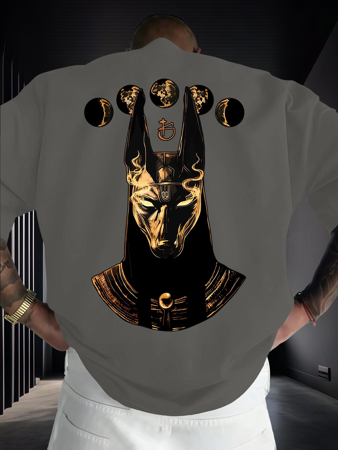 Anubis Moon Phase Egyptian Mythology Print Men's Fashion Short Sleeve Round Neck Casual Summer T-Shirt, Daily Wear
