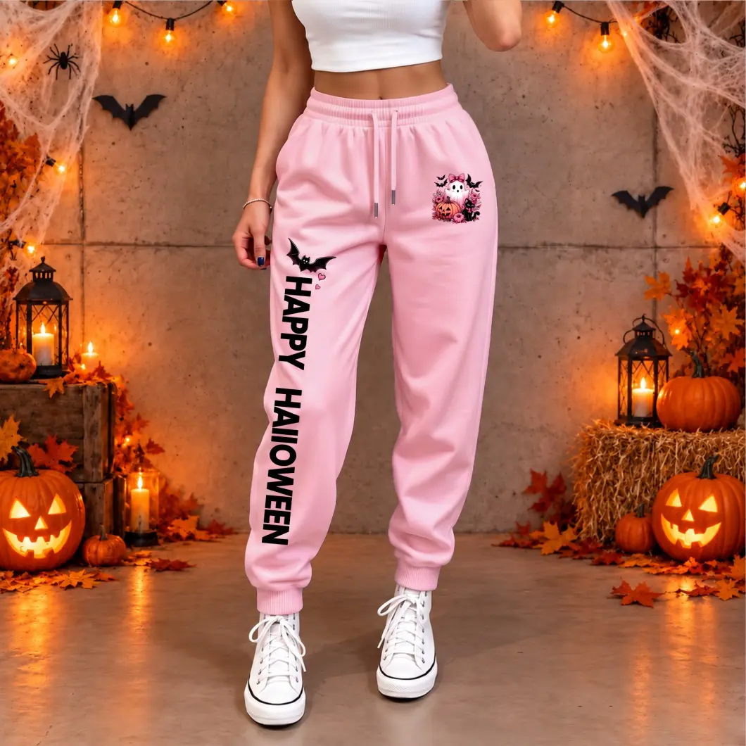 Women’s Popular Halloween Ghost Pumpkin Black Cat Letter Print  Sweatpants With Drawstring, Elastic Waist Loose Fit Jogger Pants With Pockets, Casual Comfy Athletic Pants For Gym, Travel And Daily Wear