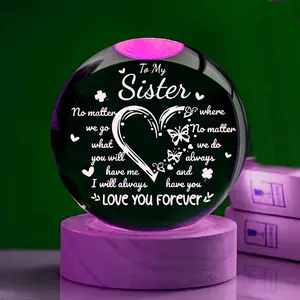 1pc Color Changing Sister Crystal Ball Engraved Sphere with Colorful Night Light, Artistic Glass Tabletop Ornament for Bedroom & Living Room, Birthday Gift for Sister, Keepsake Surprise Present
