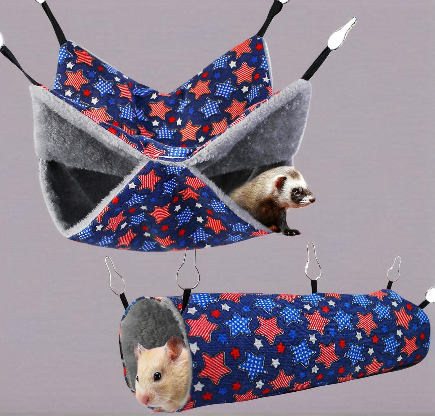 2-Pack Hanging Tunnel & Hammock Set for Ferrets & Chinchillas - Soft Plush Cage Accessories for Climbing, Hiding, Sleeping. Multi-Level Small Animal Play & Rest Area