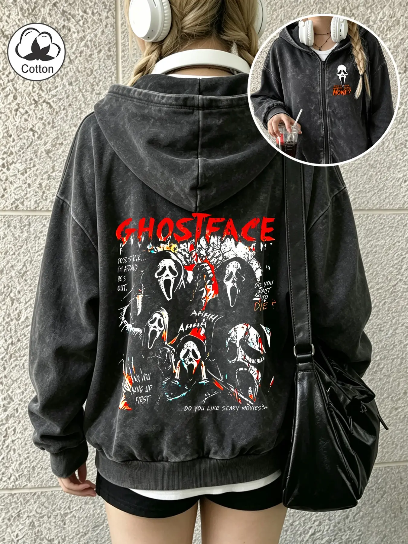 Women's Fall Winter New Fashion Ghost Face Horror Eye Print Jacket, Vintage Washed Look, Loose-Fit Zipper Coat, Casual Versatile Top