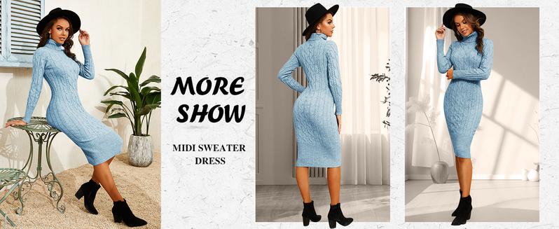 Imily Bela Womens Long Sleeve Turtleneck Sweater Dresses Knitted Bodycon Midi Sheath Jumper Dresses