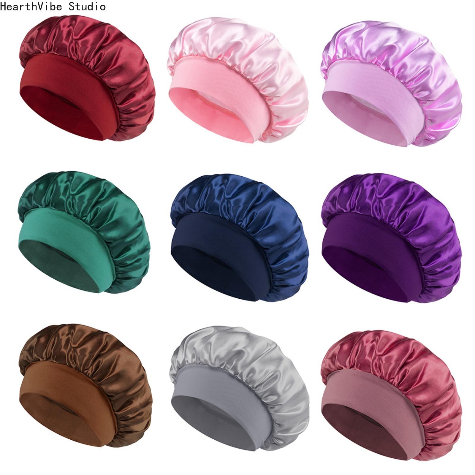 Double-Layer Satin Shower Cap for Women, Modern Minimalist Waterproof & Anti-Frizz Haircare Bonnet, Wide-Brimmed for Salon Styles and Heatless Curls, Beauty Products, Silky, Solid Double-Layer Satin Shower Cap for Women, Modern Minimalist Waterproof & Anti-Frizz Haircare Bonnet, Wide-Brimmed for Salon Styles and Heatless Curls, Beauty Products, Silky, Solid