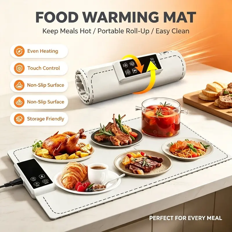 Heated food tray, retractable food warming tray, touch-control temperature adjustment, home dining table warming pad, large multi-functional warming tray, suitable for family gatherings, breakfast, dinner, and parties