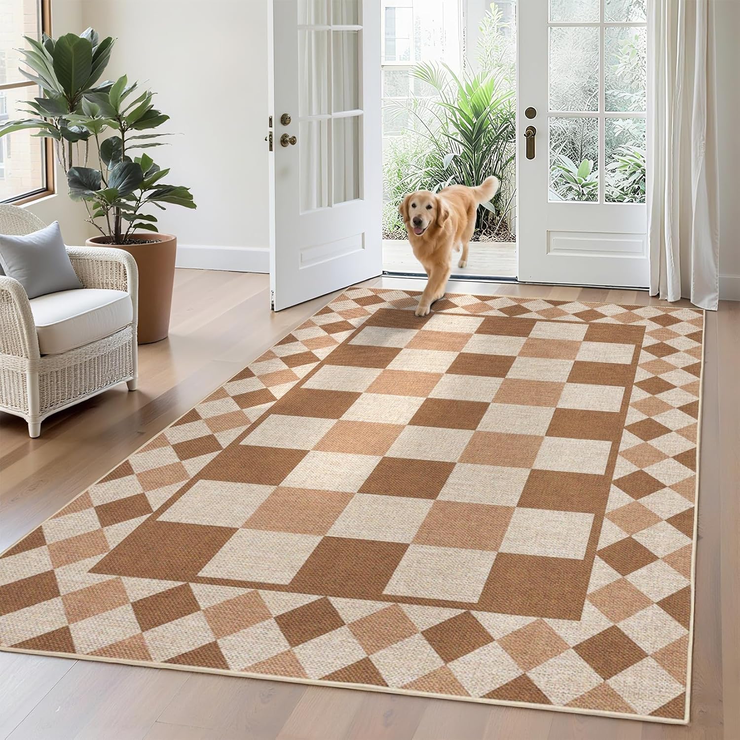 Easy Jute Hallway Runner Machine Washable Low Pile Carpet Runner with Non-Slip Backing, Non Shedding Checkerboard Kitchen Rugs, Foldable Indoor Outdoor Carpet for Patio, Laundry