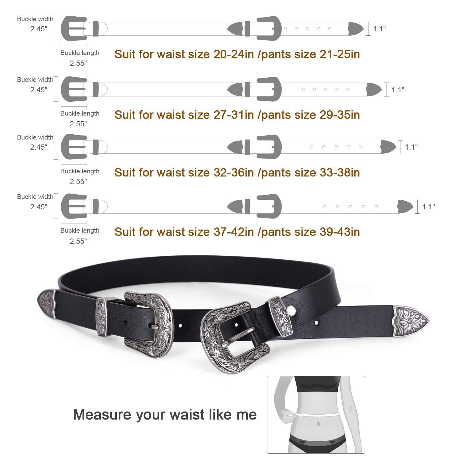 JASGOOD Women Leather Belts Ladies Vintage Western Design Black Waist Belt for Pants Dresses Boho Leaf cowgirl  belt