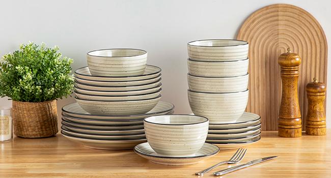 vancasso Bonbon Beige Dinner Set, 24 Pieces Dinner Sets for 6 People, Handpainted Swirls Plates and Bowls Set in Rustic Look, Include Dinner Plates, Dessert Plates, Pasta Bowls and Cereal Bowl Tableware Serving