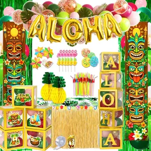 169 count Luau Party Decorations, Hawaiian Party Supplies - "ALOHA" Balloons, Hawaiian Boxes, Balloon Arch Garland Kit, Fringe Curtains, Palm Leaf, Table Cloth and Skirt