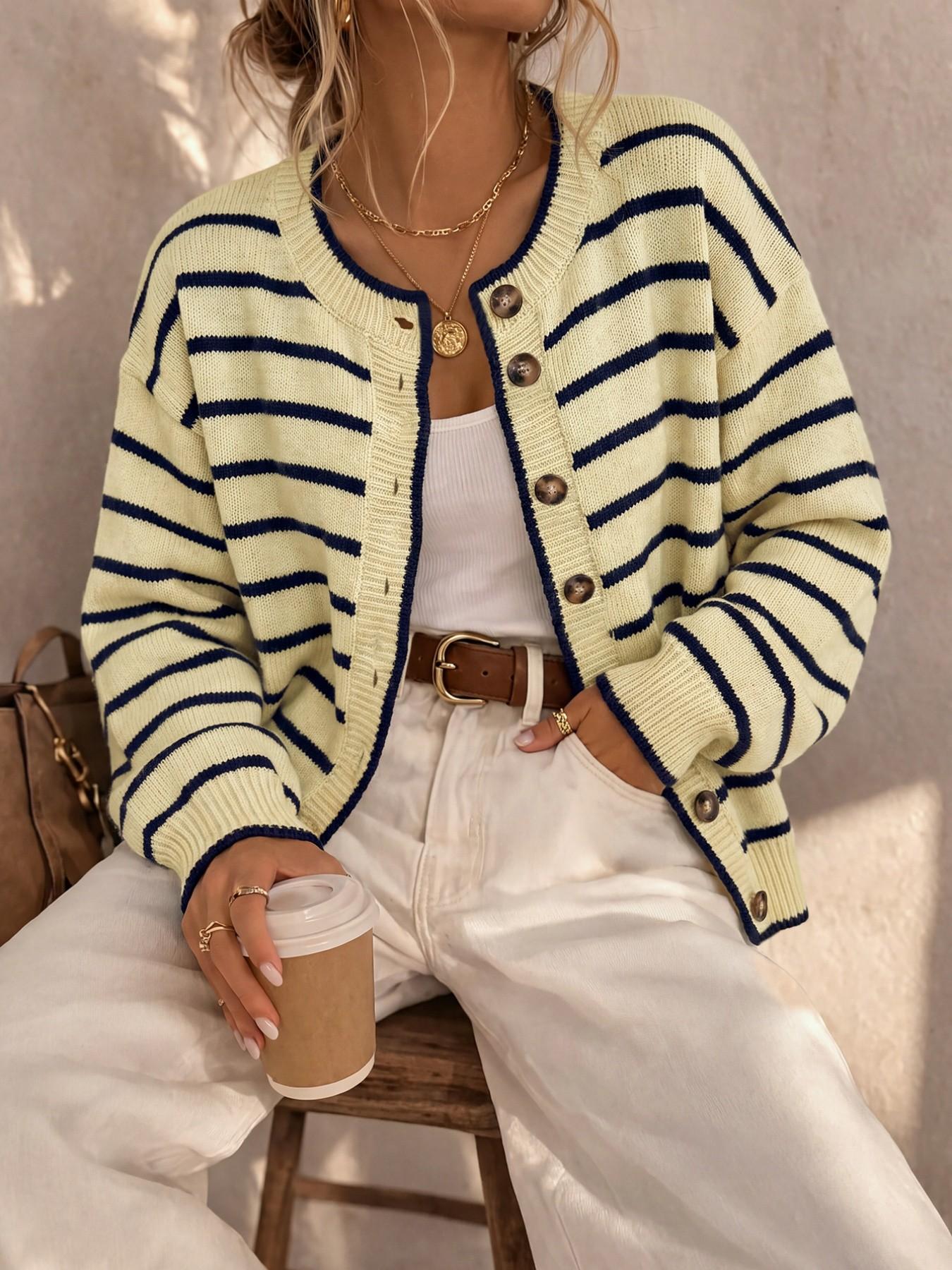 Women's Round Neck Drop Shoulder Single-Breasted Contrast Stripe Long Sleeve Fall/Winter Casual Fashion Loose Versatile Knit Cardigan – Urban Commute, Retro Street Sweater Wear