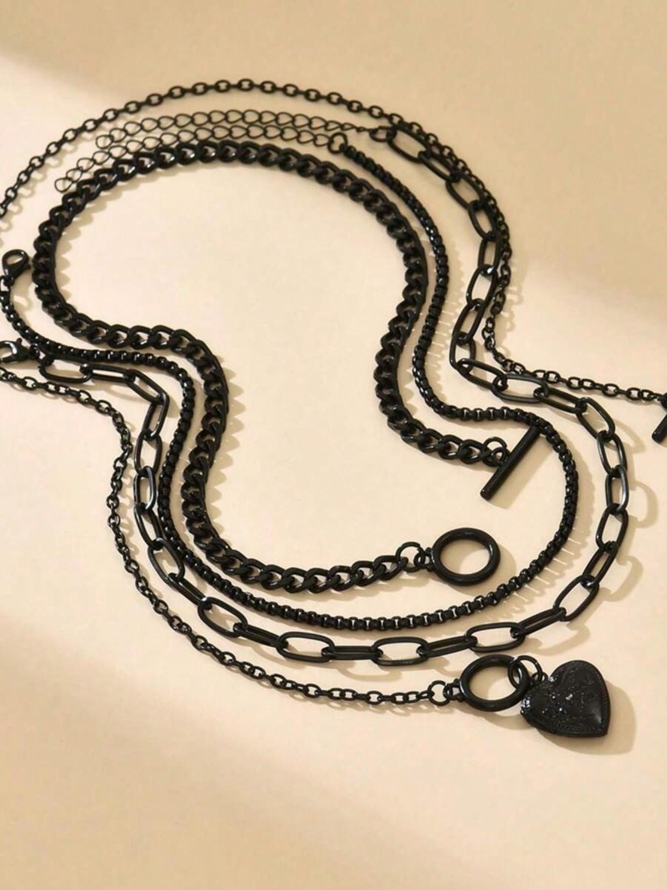 Women's Punk Style Heart Design Pendant Necklace & OT Buckle Chain Necklaces, 4 Counts Fashion Charm & Chain Necklaces, Gothic Mystery Jewelry, Trendy Goth Jewelry for Birthday Gift