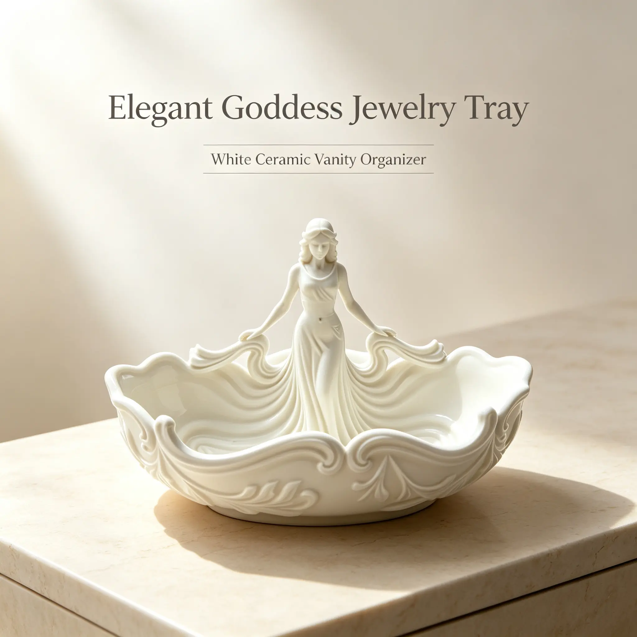 Elegant Goddess Statue Jewelry Tray, White Ceramic Decorative Catchall Dish, 2 Sizes 16cm & 18cm, Vintage Ornament for Entryway Vanity Table, Ring Earring Necklace Holder, Home Tabletop Decor Gift for Women