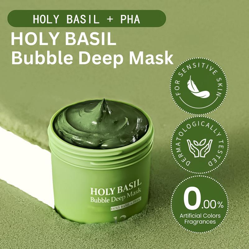 Holy Basil Bubble Deep Mask – Holy Basil & Carbonated Water for Cleansing Pores & Blackheads, Vegan Clay - to - Bubble Wash - Off Mask (90g / 3.17 oz)
