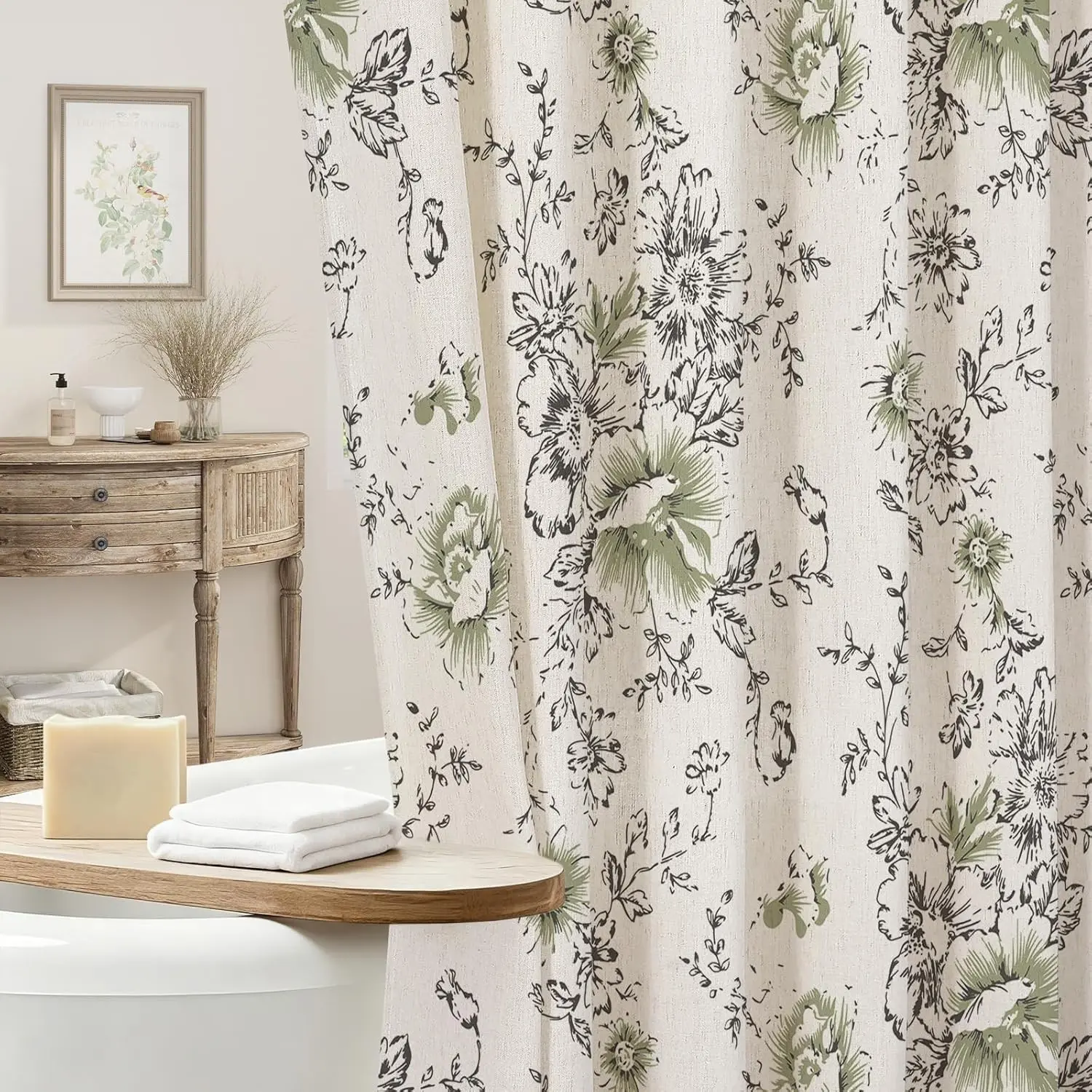 Black Floral Linen Shower Curtain, Cottagecore French Country, 72x72 | Vintage Boho, Rustic, Linen Fabric, Natural Look, Washable, Farmhouse Bathroom Curtain for Bathroom Decor, Tan Taupe