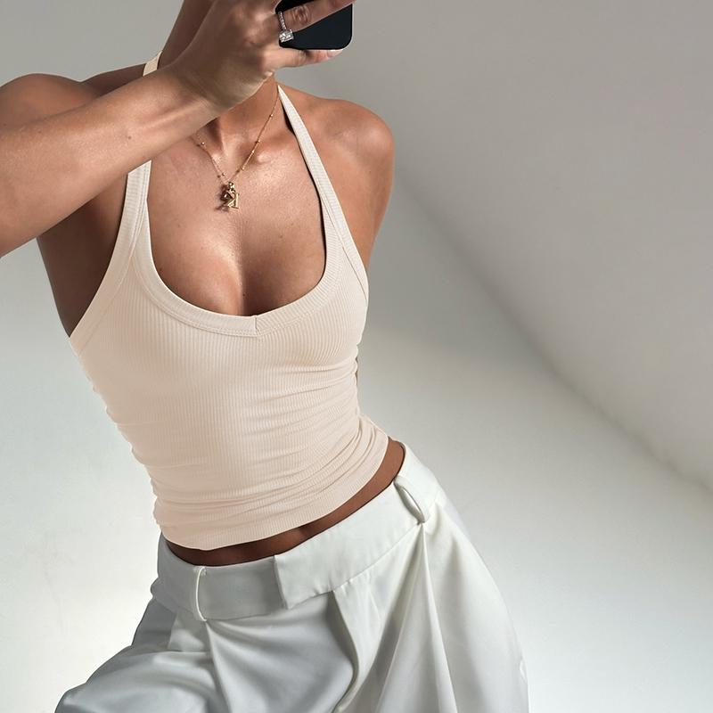 Women's Solid Ribbed Halter Neck Tank Top, Active Top, Casual Sleeveless Top for Daily Wear, Ladies Clothes for All Seasons