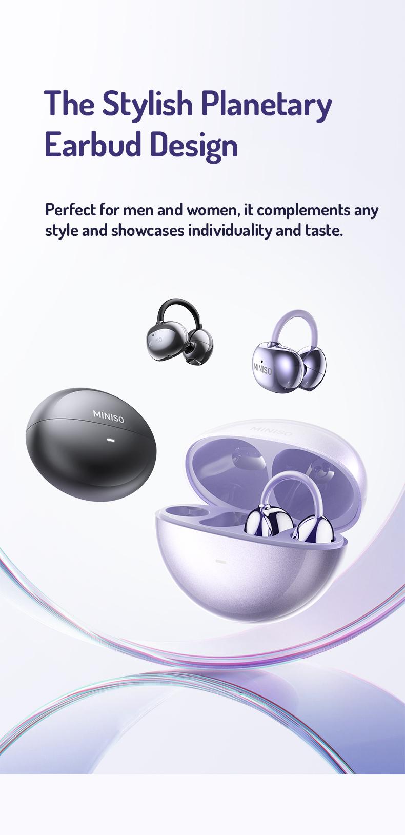 MINISO MS192 Clip-On Earbuds Open Ear Wireless Bluetooth 5.4 Headphones with Mic 48H Play Noise Cancelling Waterproof Sports Ear Buds Comfortable for Ears & Glasses Wearers Workouts Audio Headset