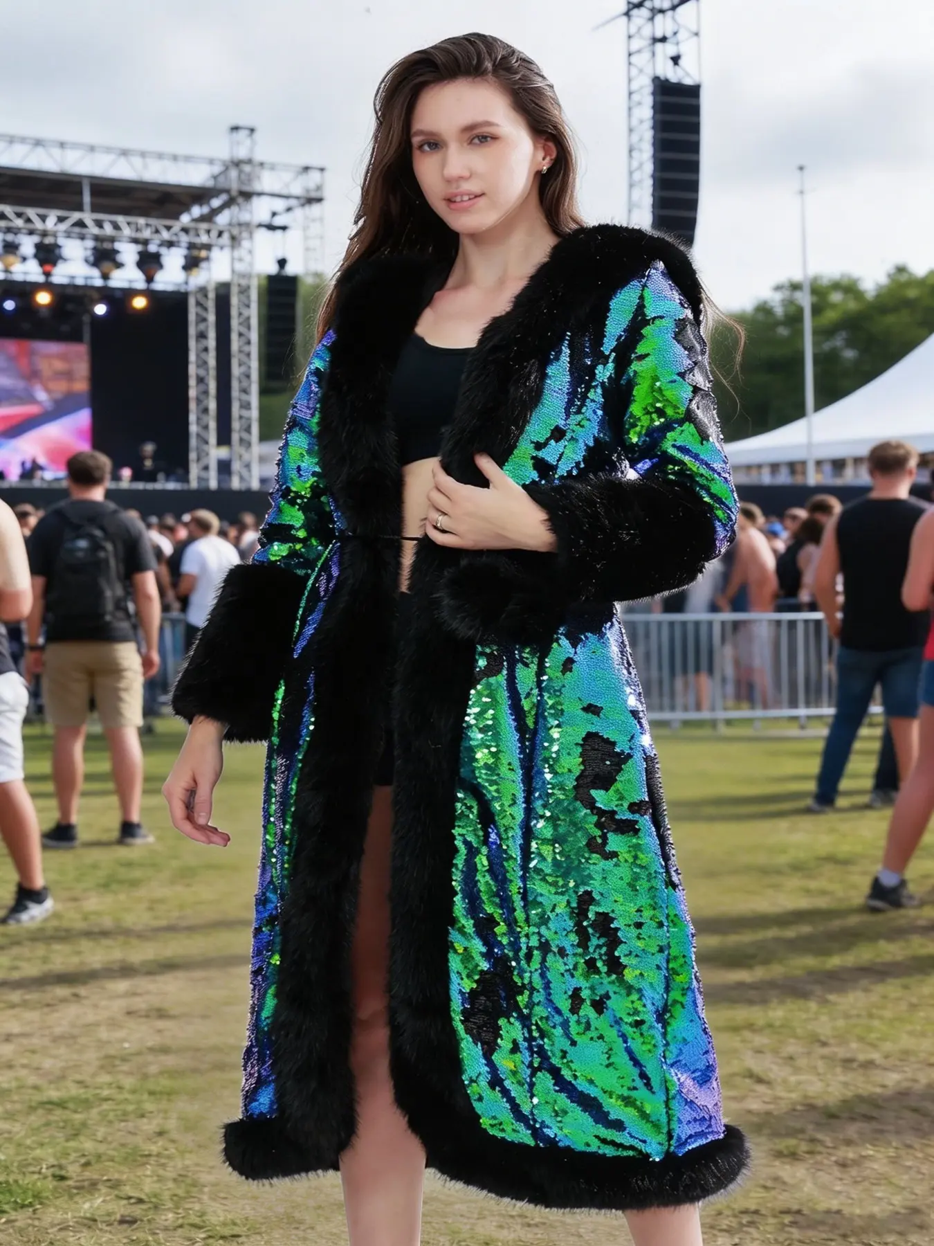 Women's Elegant Unique Fish‑Scale Design Hooded Midi Faux Fur Coat, Luxury Plush Fall‑Winter Outerwear for Party & Street Style Outfits