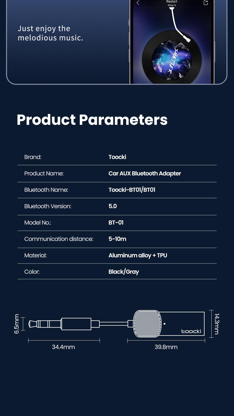 Toocki Wireless Audio Receiver Adapter, Bluetooth-compatible 5.4 Aux USB to 3.5mm, Hands-Free Mic, Car Audio Jack, Mono Output, 3.5w Power Consumption