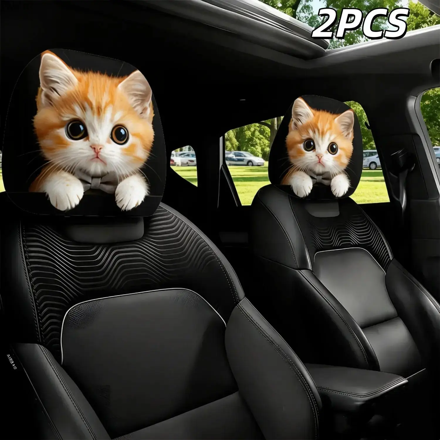 2Pcs Cute Cat Fabric Car Headrest Covers, Universal Fit Vehicle Head Protector, Quirky Car Interior Decor, Soft Cozy Auto Accessory, Couple Friendly, Great for Road Trips & Daily Driving