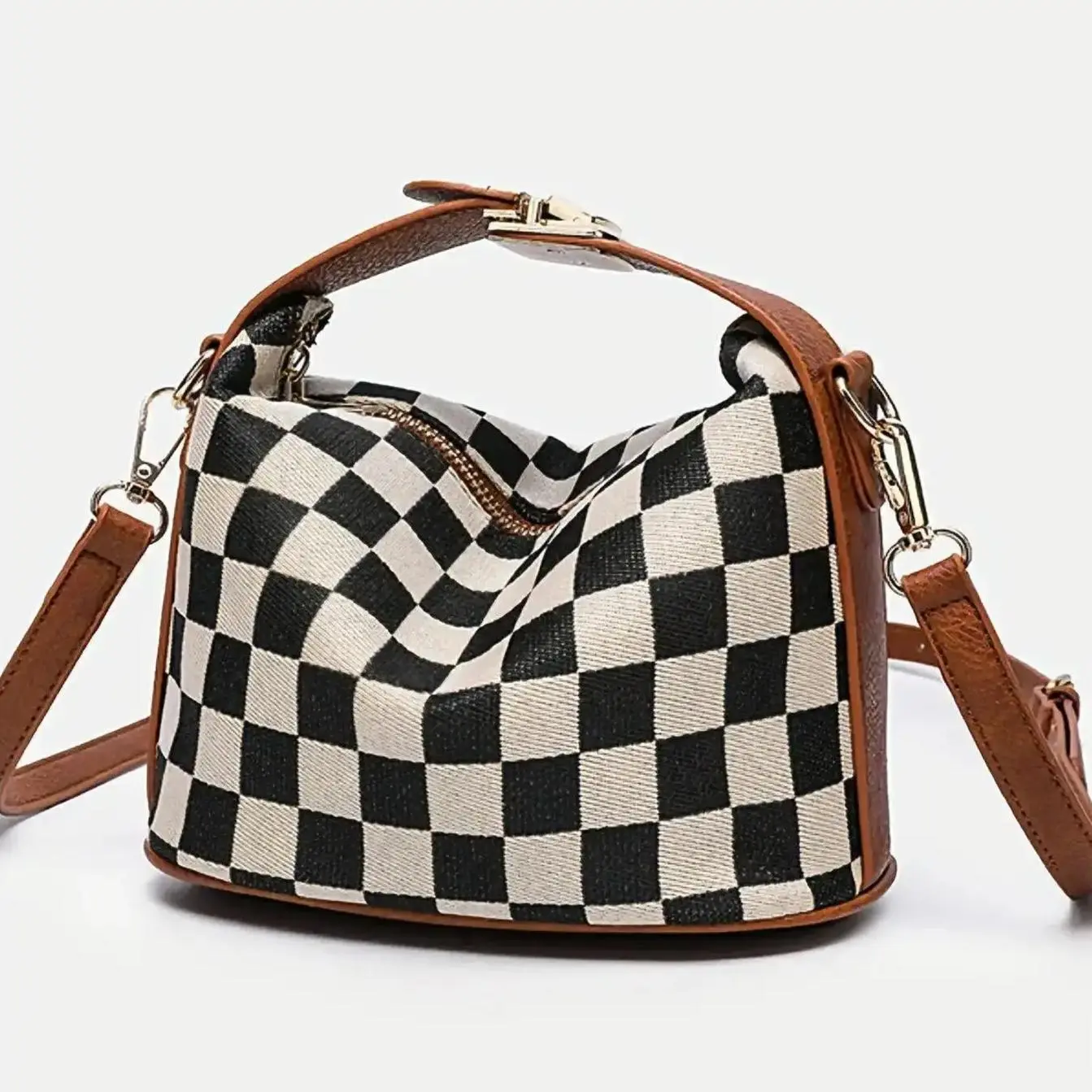 Women’s Checkered Cloth Curved Bucket Crossbody Bag - Zipper Closure, Brown Trim, Short Top Handle, Detachable Long Strap - Handbags for Women for Everyday Wear