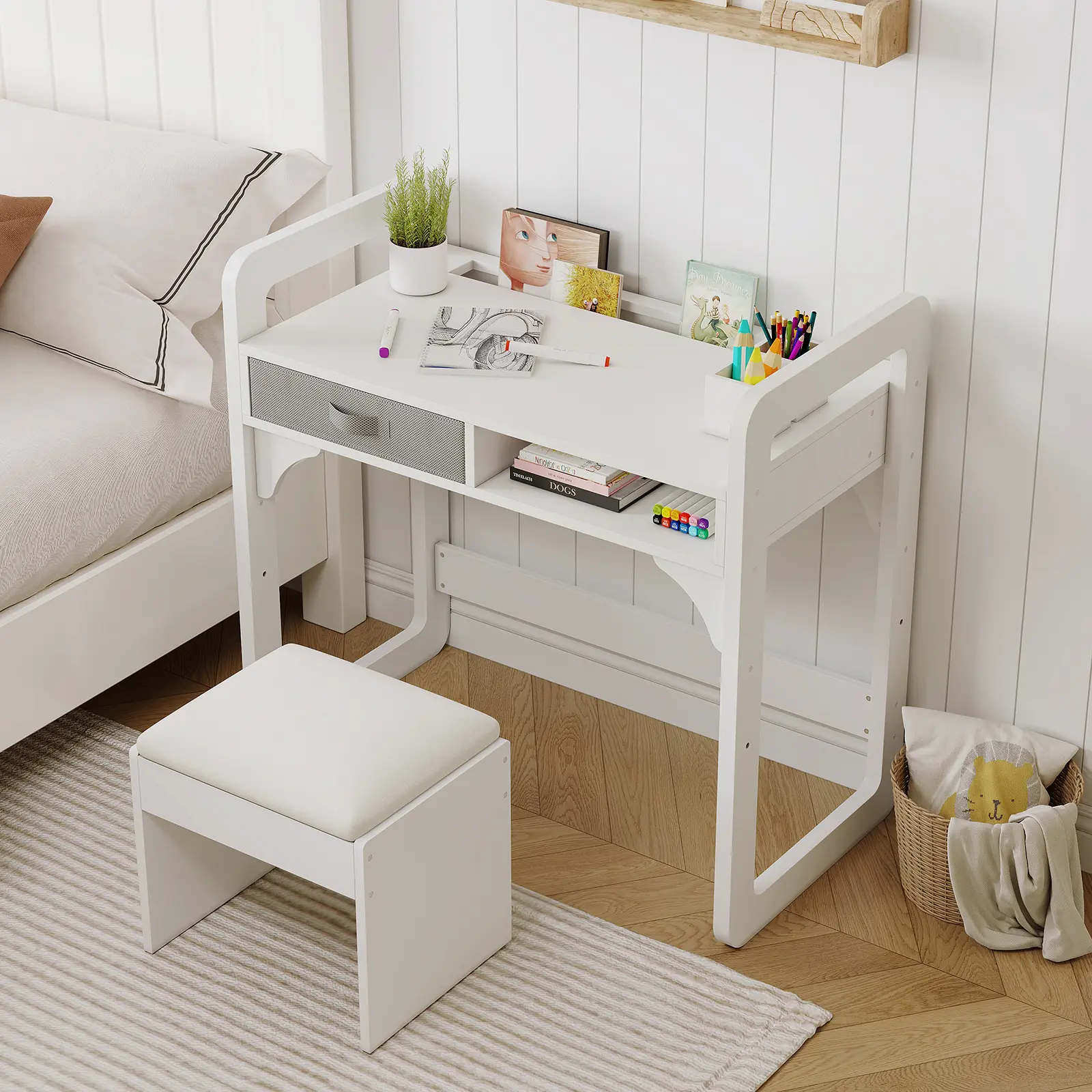 Desk and Chair Set, Study Desk for Boys and Girls, Wooden Writing Table with Cloth Drawers and Pen Holder, White/Blue/Pink