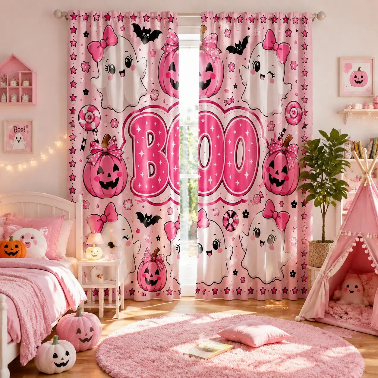 2 pieces of cute pink Halloween style, pocket rod-mounted, high-definition digital bow-shaped ghost pumpkin bat print curtains, suitable for living room, bedroom, study, dining room, and holiday home decoration in guesthouses.