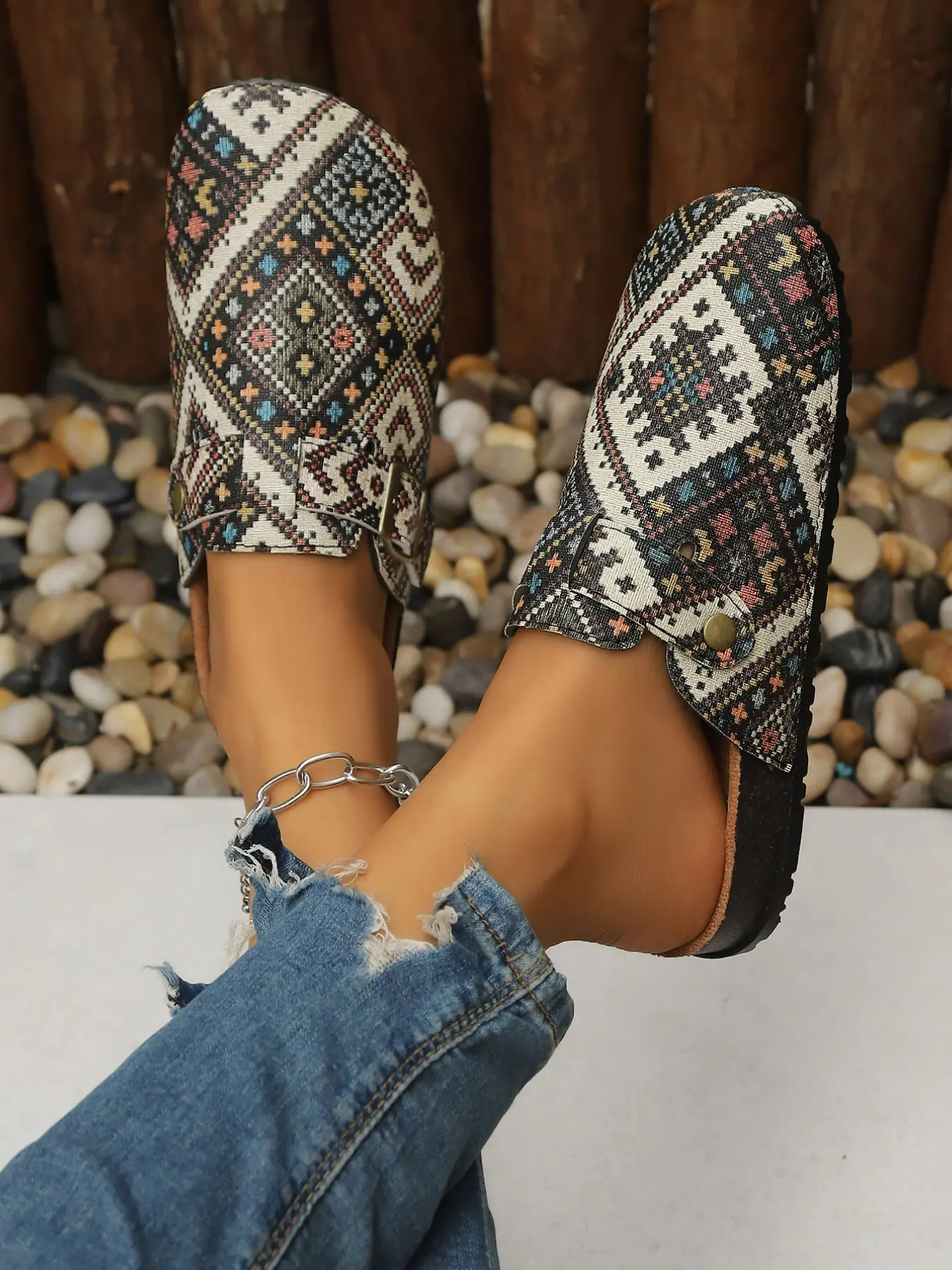 Chinese Lucky Cross Retro Floral Slip-On Shoes, Soft Sole Buckle Design, PU Leather, Rubber Sole, All Seasons, Women's Comfortable Sandals