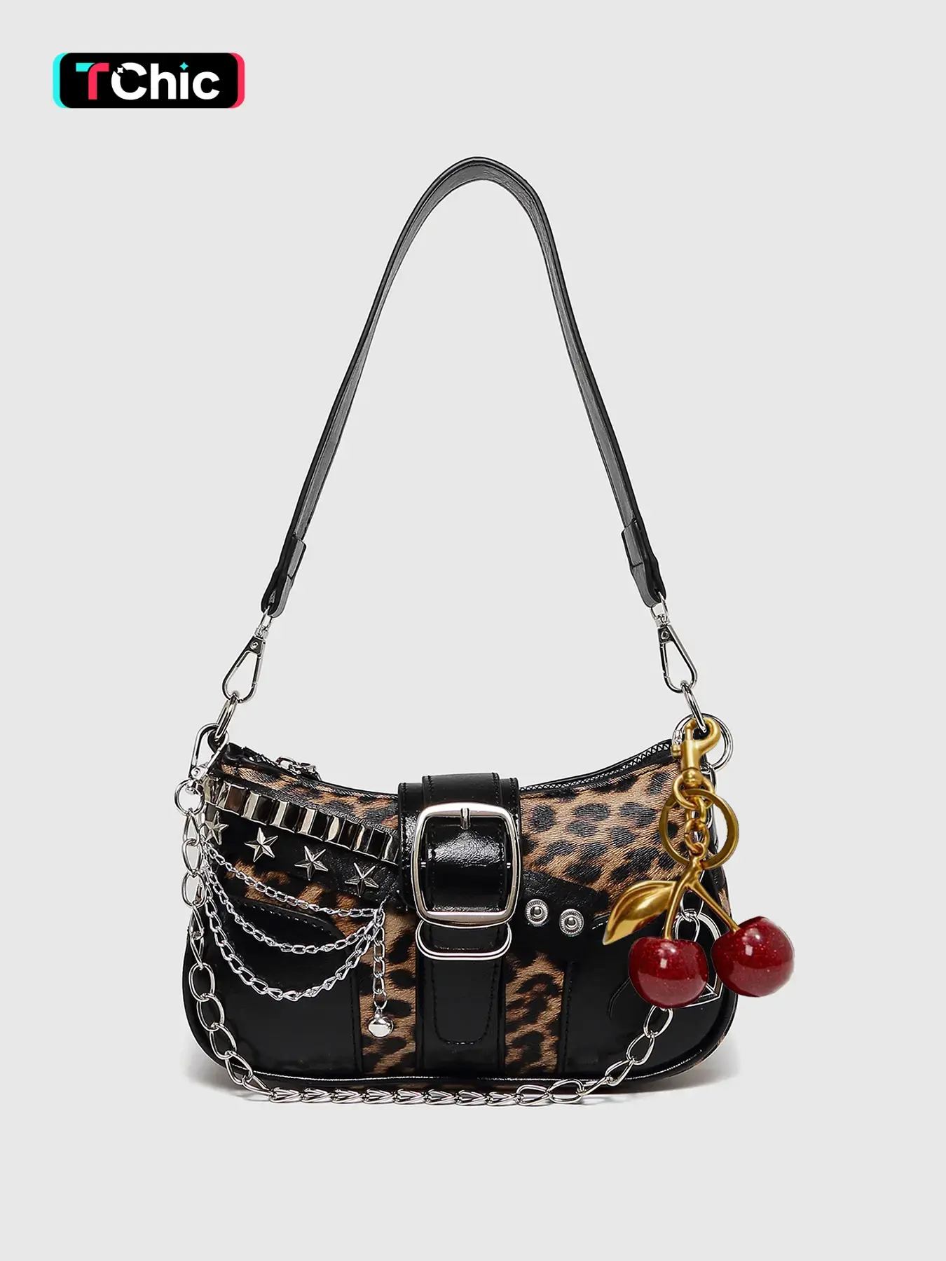 Women's PU Leather Embellished Shoulder Bag, Vintage Leopard Print Colorblock Crescent Clutch, Y2K Style Chain Decorated, Fashionable Shoulder Bag, Fashionable Patterned Bag