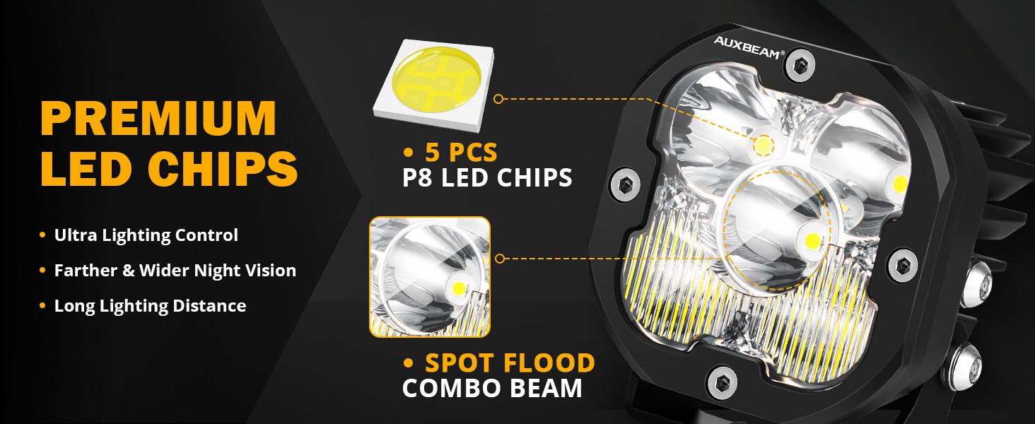 Auxbeam XP-ULTRA Series 3 Inch 80W 9600LM LED Pods Lights White Amber Spod Flood Combo Beam Jeeplight Bar Offroad for Trucks Cars Boats SUV UTV ATV Snowmobiles Motorcycles Dirt Bikes 4x4