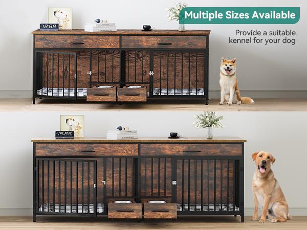 DWVO 91.3" Double Large Dog Crate Furniture with Dog Feeder, Large Dog Kennel Indoor with Drawers, Heavy Duty Wooden Dog Crate with 2 Room Divider for 2 Medium Large Dogs