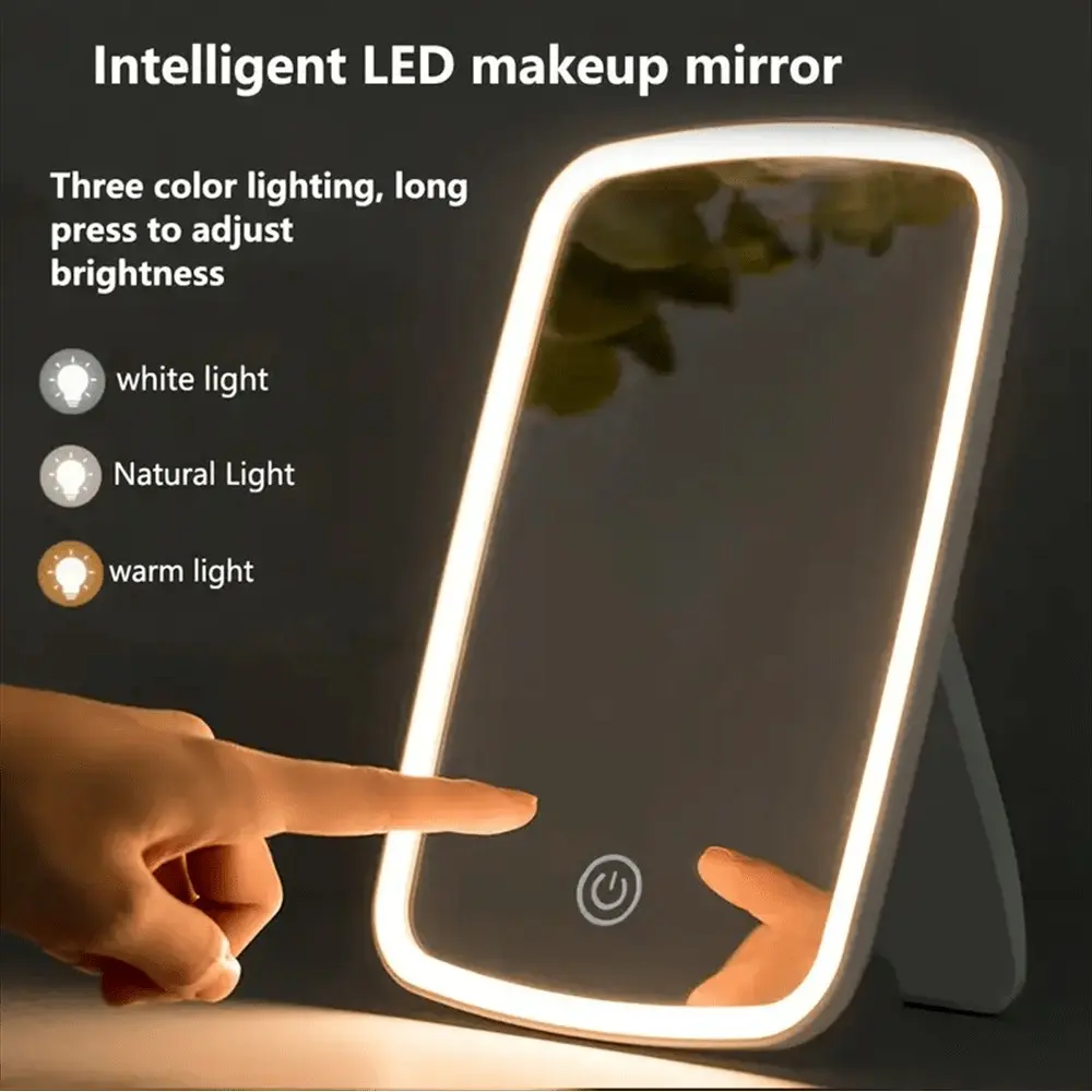 USB rechargeable smart LED makeup mirror, with 3 kinds of color temperature lighting (white light, natural light, warm light), adjustable brightness, touch operation, modern makeup mirror suitable for beauty lovers, plastic frame