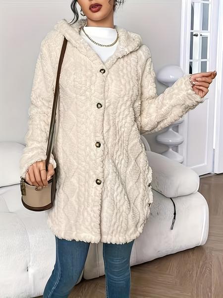Women's Solid Color Fuzzy Hooded Jacket, Casual Long Sleeve Outerwear for Daily Wear, Ladies Clothes for All Seasons