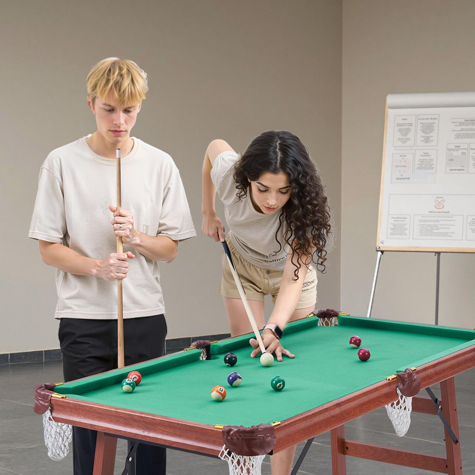 fathersdaygift VEVOR Folding Pool Table, 4.5 ft Portable Billiards Tables, Foldable Space-Saving Entertainment Game Set Includes Ball, Cue, Rack, Chalk, Brush, Brown with Bule Cloth, for Family Use, Recreation Room