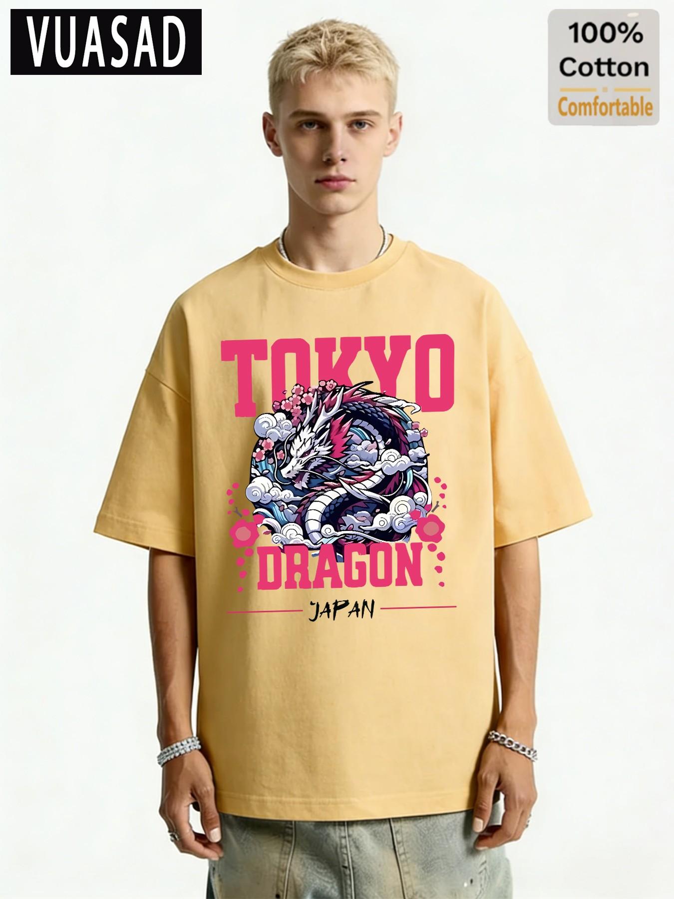 100% Cotton Short Sleeve T-Shirt, Japanese Style Tokyo Dragon Cherry Blossom Print, Loose Fit Drop Shoulder Top, Casual Fashion
