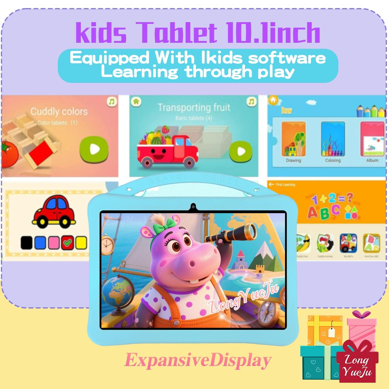 10.1-inch Android tablet, best-selling style, equipped with multiple smart applications, IWAWA educational software includes knowledge from multiple fields, with parental control function, no adapter, blue/pink, suitable as a holiday gift