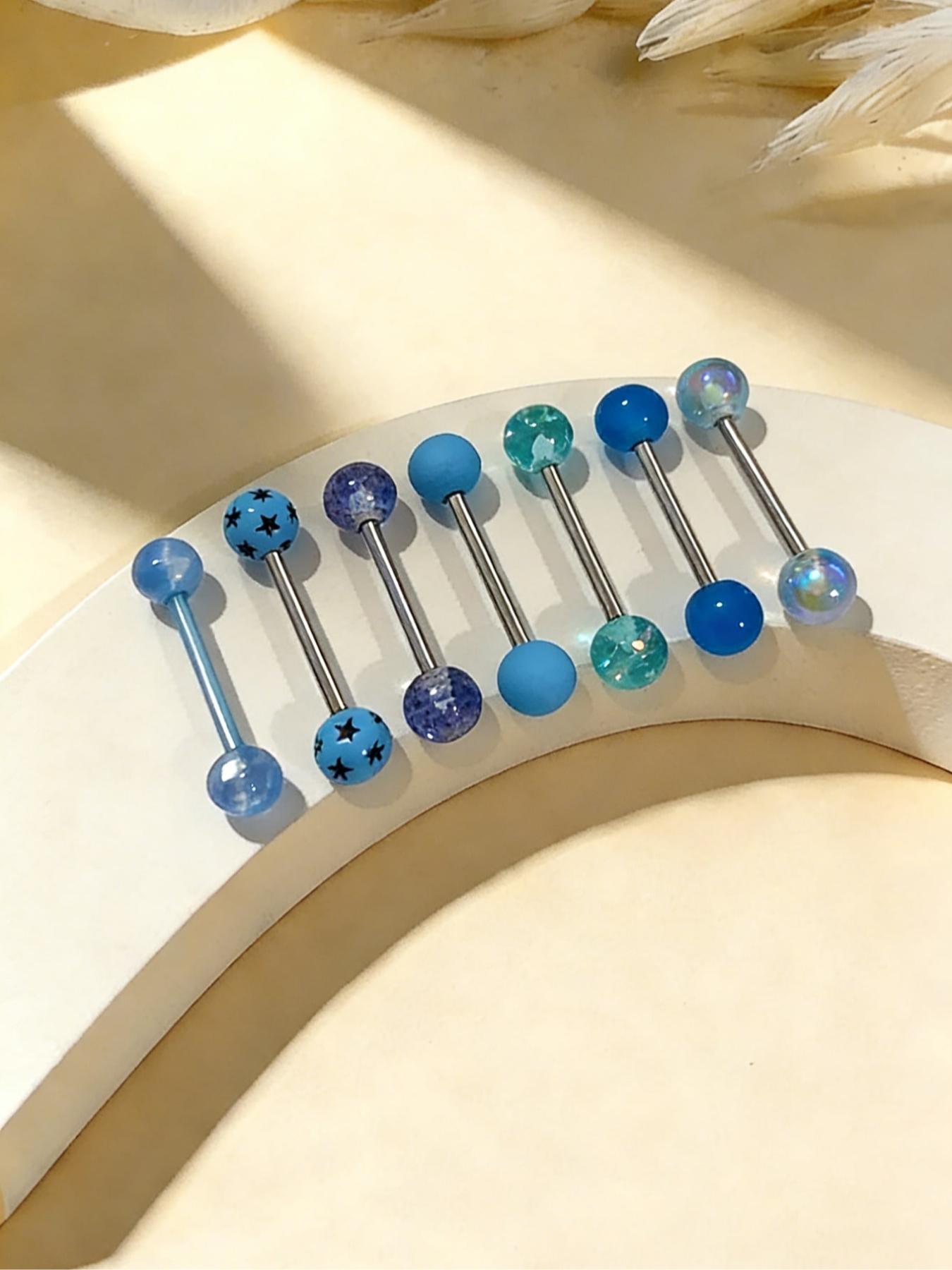 7 Pcs Colorful Round Barbell Tongue Rings, 14g Stainless Steel, Unisex Fashion Jewelry, Comfortable Daily Wear, Trendy Body Piercing Accessories