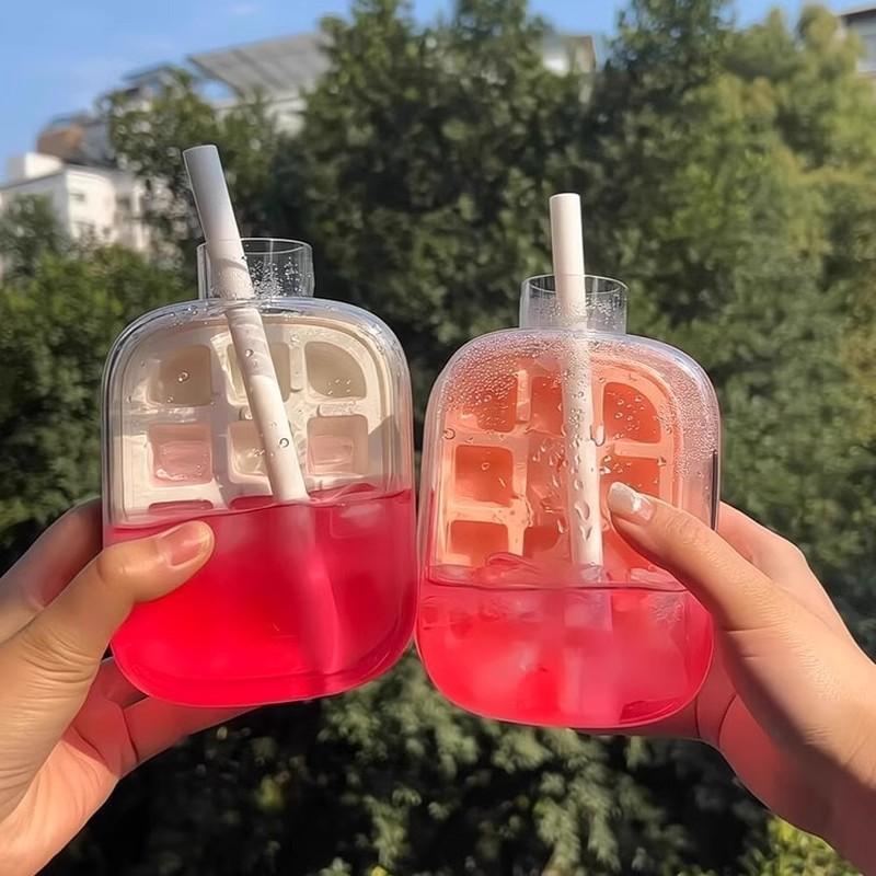 2-in-1 Press Ice Cube Tray with Ice Bucket, Portable Ice Maker Bottle, One-Step Easy Release No-Touch Ice Mold Food Grade BPA-Free Quick Freeze Ice Cube Storage Container Reusable Silicone Ice Cube Tray for Summer Cocktail Iced Coffee Smoothie Whiskey Sod