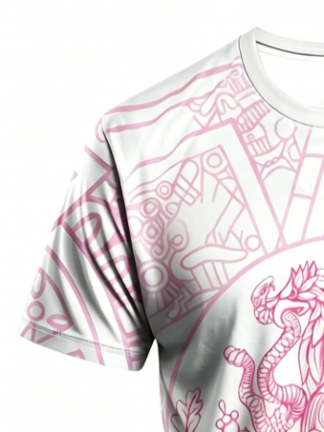 Men's Aztec Sunstone Sport T-Shirt, Mexican Tribal Style Round Neck Short Sleeve Top, Loose-Fit Geometric Pattern, All Seasons