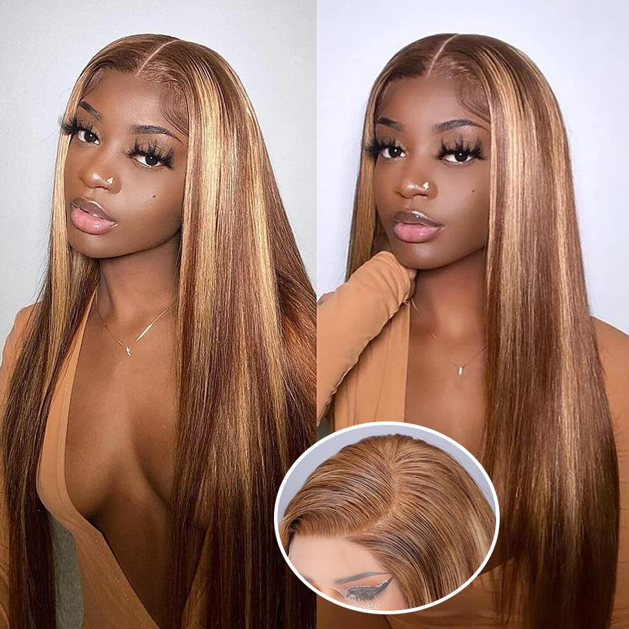 Pizazz Hair 13x6 Ombre Highlight Lace Front Wigs Human Hair with Baby Hair 220 Density 4/27 Honey Blonde straight Lace Frontal Wigs Human Hair