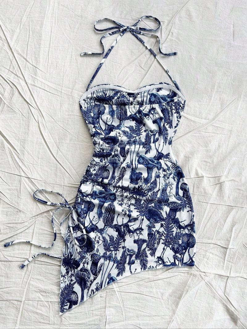 Women's All Over Print Ruched Drawstring One-piece Swimsuit, Casual Fashion Backless Tie Front Halter Swimwear for Beach Holiday Vacation, Ladies Swimsuit for All Seasons