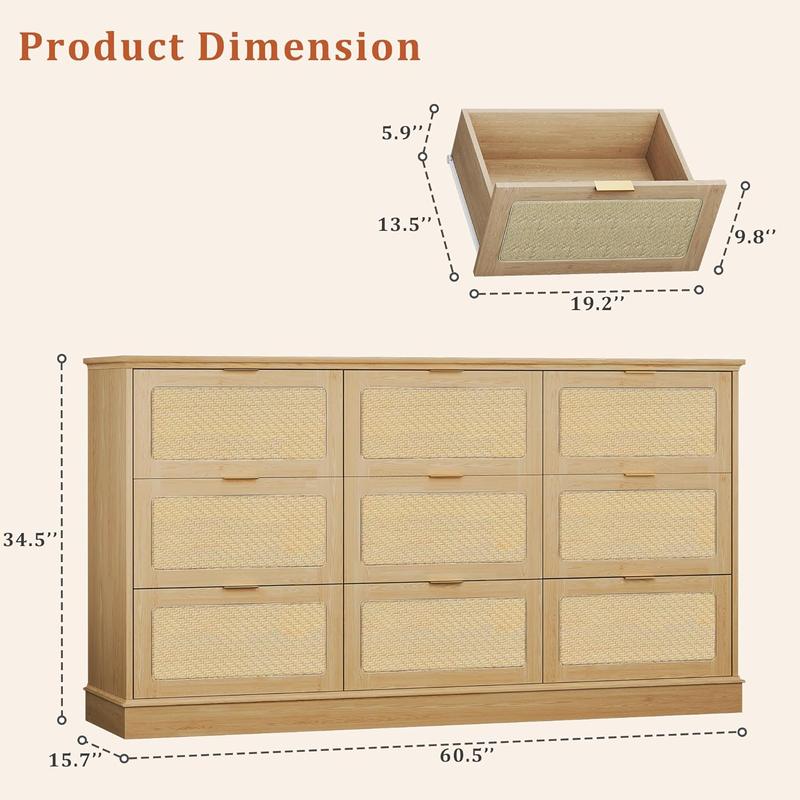 9 Drawer Dresser for Bedroom, 60 Inch Long Dressers & Rattan Chest of Drawers, Large TV Stand for 55, 65, 70 Inch TV, Boho Style, Modern Dresser for, Living Room, Entryway, Bedroom, Natural Oak