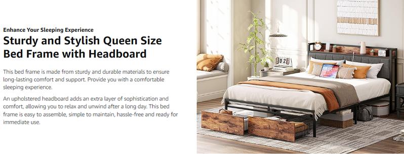 LIKIMIO Bed Frame, Storage Headboard with Charging Station, Platform Bed with Drawers, No Box Spring Needed, Easy Assembly