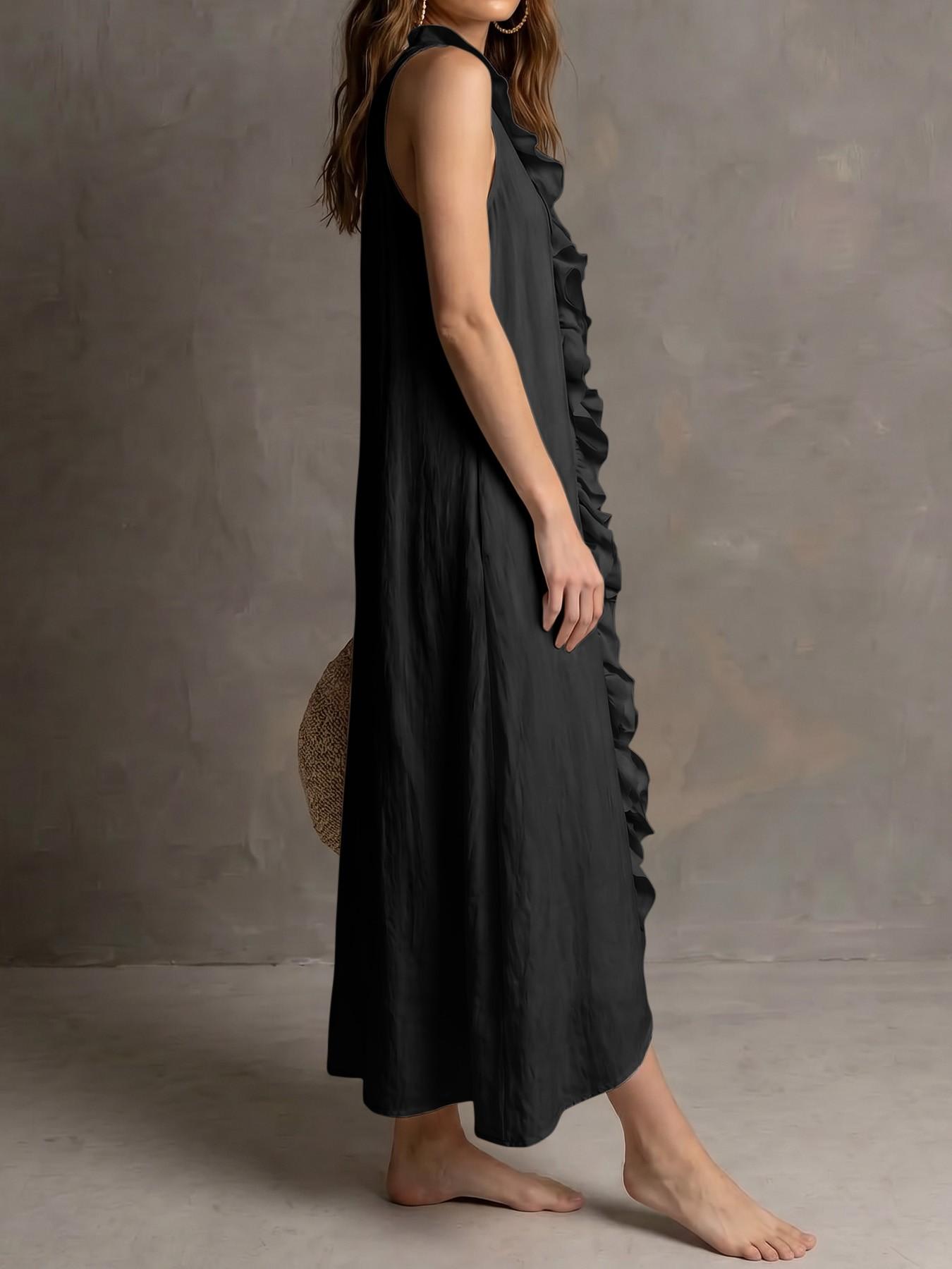 Elegant Chic Summer Boho Bohemian V-Neck Sleeveless Halter Maxi Dress for Women with Ruffle Trim, Comfortable Textured Fabric, Pockets, Multi-Size, Casual Wear, Everyday & Vacation Wear, Womenswear