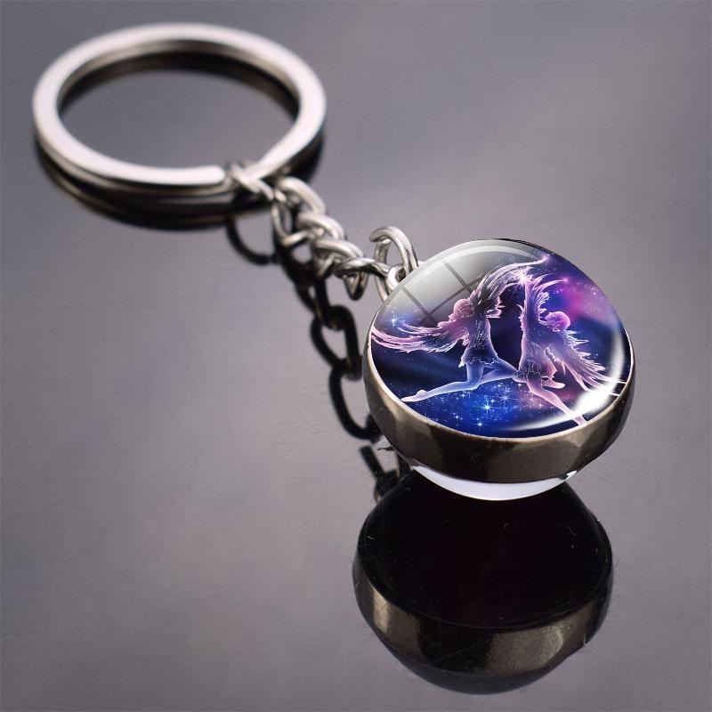 New Fashion Double Side Glass Ball Pendant Keychain 12 Zodiac Signs Keyring for Boyfriend Girlfriend Birthday Gifts