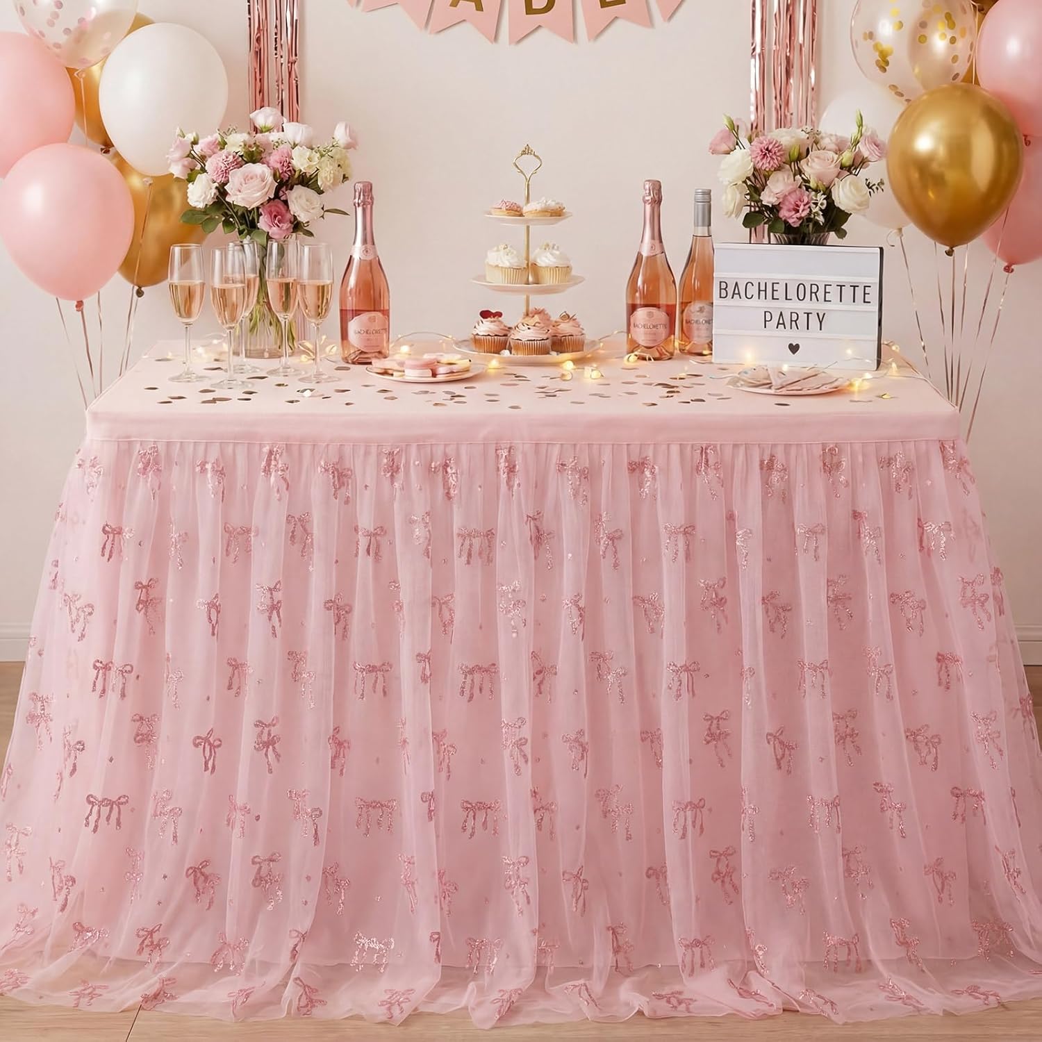 Pink Bow Tulle Table Runner, Pink Sheer Lace Table Decor, Bow Tablecloth for Wedding, Birthday, Baby Shower, Valentine's Day Party Decor, Table Setting