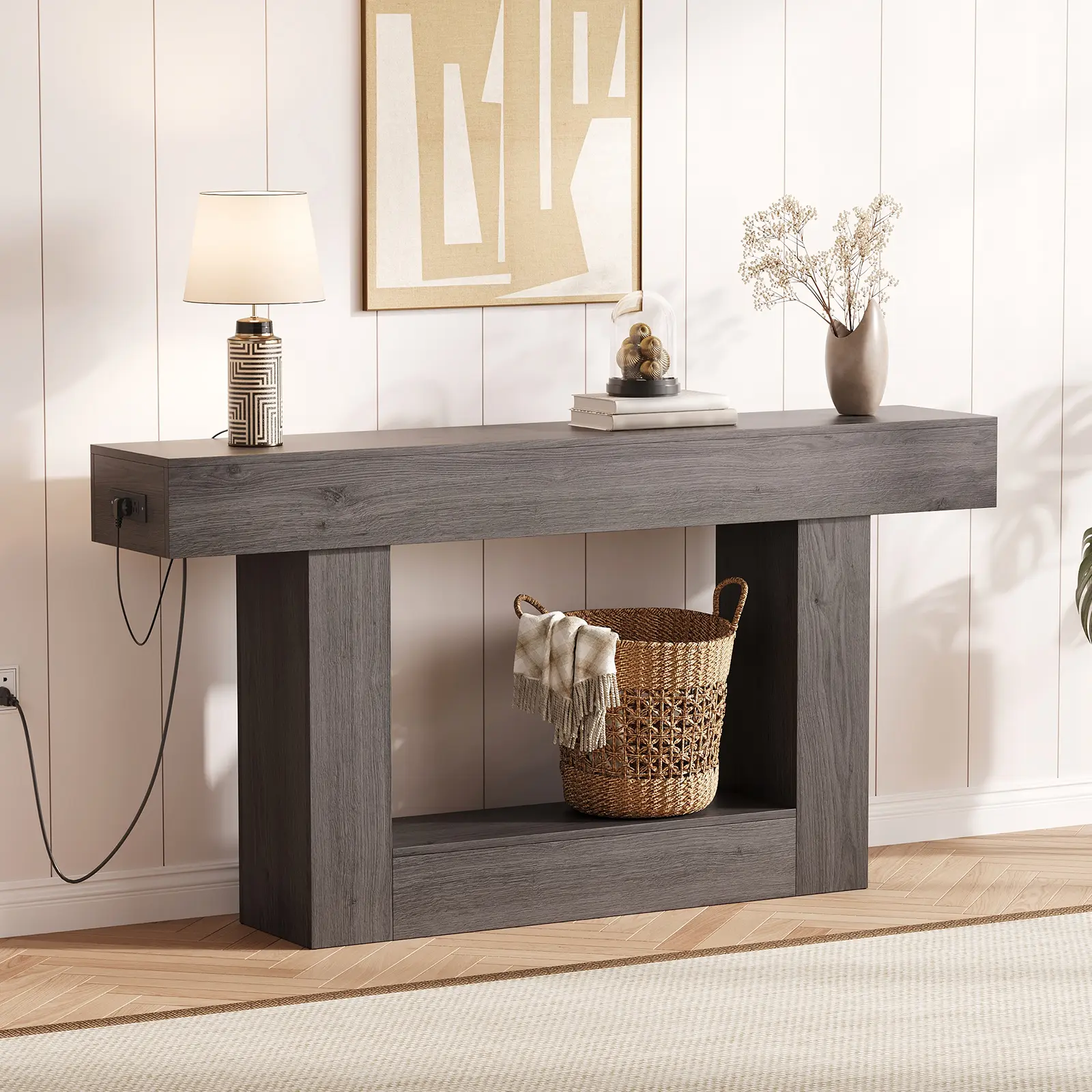 63 Inch Console Table with Charging Station, 2-Tier Narrow Entryway Table with USB Ports and AC Outlets, Long Sofa Table Behind Couch for Living Room Hallway Entryway, Dark Gray Brown, Gray