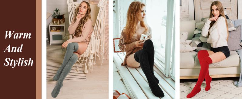 BomKinta Cozy Knit Thigh High Socks for Boots Soft Fabric Elastic Fit Ladies Size 5-10 Warm Durable Fashionable Striped Design for Fall Halloween Style Thighhighs Womenswear Bridal Basic Bg Knitwear Minimalist